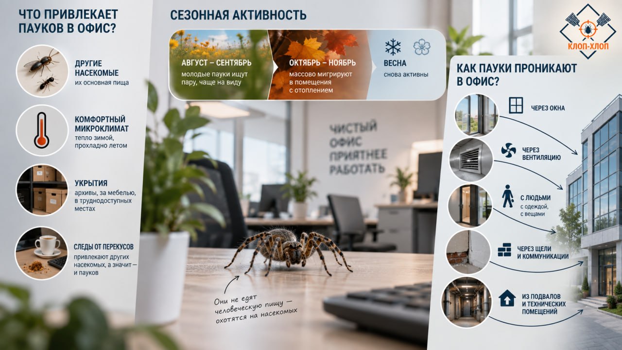 Почему пауки появляются в офисе: причины, сезонность и пути проникновения